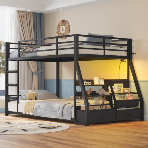Isabelle & Max™ Low Bunk Bed With Sling Bookshelves, Storage Drawers & Power Outlet, Led Metal Floor Bunk Twin Over Twin With Full-length Guardrail & Metal Slats & Reviews | Wayfair
