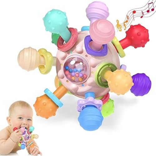 Baby Teething Toys for Babies Girl Toys Gifts, Rattles Chew Sensory Montessori Toys for Newborn Infants, Tummy Time Shower Gifts for Babies - Pink