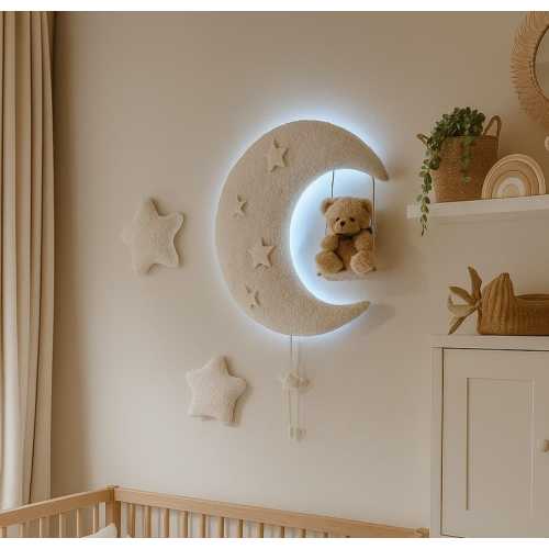 Nursery Wall light -  battery operated 12v back lit led-Moon with stars tedding on a swing*soft wall decor for nursery/kids room.
