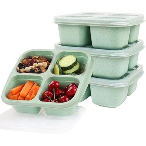 LCHLZZ 4 Pack Snack Box Containers, 4 Compartment Reusable Snack Containers with Lids, Microwave Dishwasher Safe, Divided Food Storage Lunchable Container for Work Travel (Green)