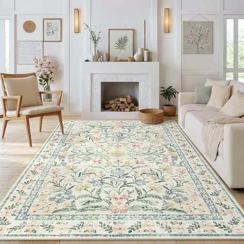 Morebes Washable Area Rugs 6x9, Boho Nursery Rug Girl Bedroom Non-Slip, Large Soft Vintage Distressed Floral Carpet for Living Room Foyer Home Office Decor, Cream