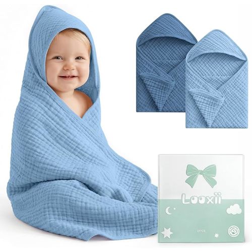 Looxii Baby Bath Towels 2 Pack Muslin Hooded Baby Towels for Newborn and Infants, 100% Cotton, Large 32x32Inch, Soft and Absorbent Gradient Blue