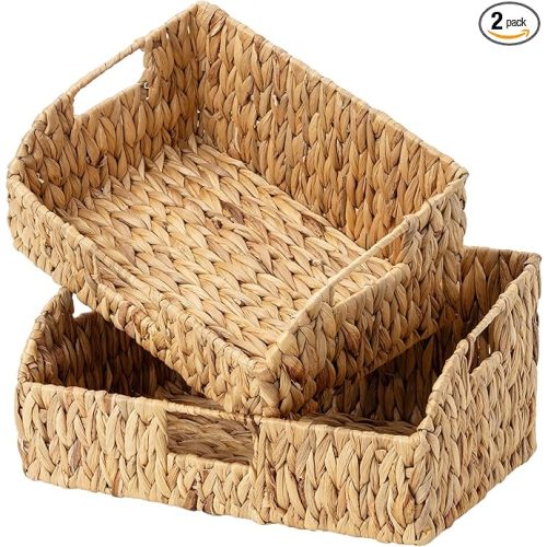 StorageWorks Pantry Baskets for Organizing, Water Hyacinth Baskets for shelves with Built-in Handles, Pantry Organizers and Storage, Set of 2 (Large and Medium)
