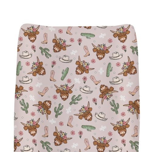 Pink Highland Cows Baby Changing Pad Covers for Girls Western Cowgirl Boots Hats Yak Cactus Floral Fitted Changing Table Mats Wild West Country Soft Nursery Diaper Change Table Sheets 32''×16''