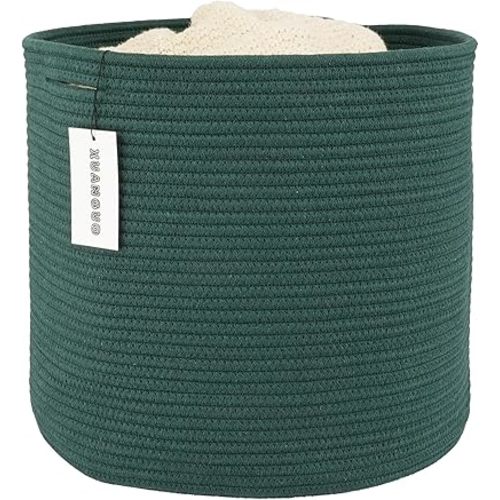 Cotton Rope Basket For Girls Boys Kids 16”X14” Baby Laundry Basket Nursery Bin Round Woven Baskets Organizer For Storage Toys Blankets Shoes Clothes dark green