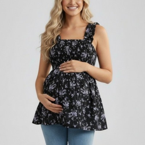 Anna-Kaci Women's Maternity Floral Sleeveless Babydoll Top with Ruffle Straps Smocked Bust Flowy Tunic Blouse - X Large, Black