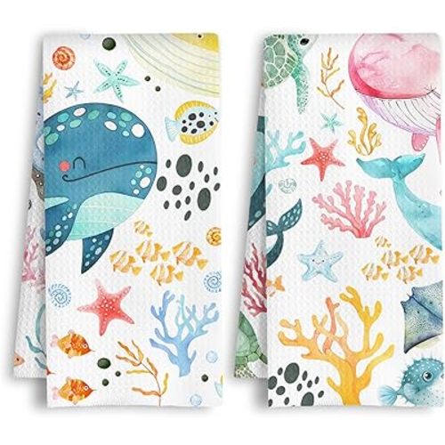 Beach Coastal Kitchen Towels, Nautical Dish Tea Towels, Cute Cartoon Ocean Animals Decorative Hand Towel for Kids Bathroom, Under The Sea Bathroom Decor, 16x24 Inch Set of 2