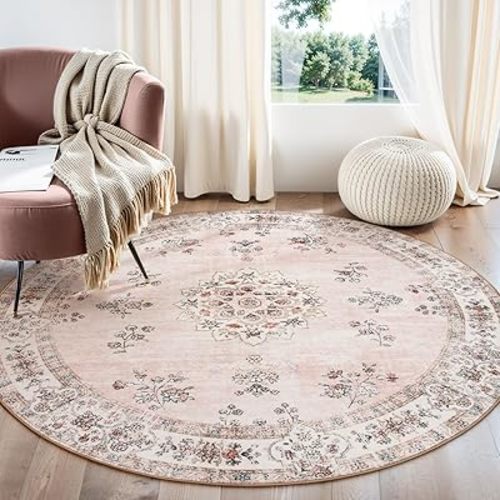 Lahome Washable Pink Round Rug 8ft, Soft Europe Vintage 8x8 Circle Rug for Nursery Girls Bedroom,Non-Slip Floral Pastel Circular Carpet for Dining Room Floor Home Office Decor