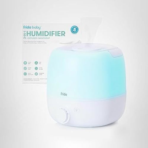 Frida Baby 3-in-1 Cool Mist Humidifier for Large Rooms, Top Fill Humidifier for Bedroom, Allergy Relief, 60 Hour Runtime + Nightlight, Auto Shut-Off, Quiet, Carry Handle, Essential Oil Diffuser