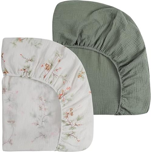 Onacosht Muslin Mini Crib Sheets, 39" x 27" Pack and Play Mattress Sheets Fitted for Pack N Play, Soft Cotton for Boys Girls, 2 Pack, Green and Leaf