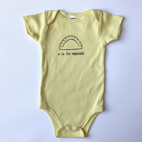 E is for Empanada Baby One-piece bodysuit   (Light Yellow) - Latin, Hispanic, South America, Argentina, Spain