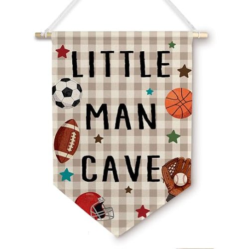 BlissfulAbon Little Man Cave Banners - Sports Room Decor for Boys Hanging Wall Art, Soccer Basketball Baseball Football Sports Room Decor for Boys Nursery, 11×15 Inch