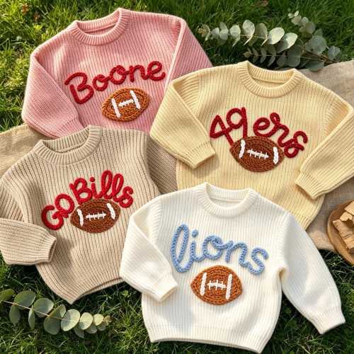Hand Knit Football Sweater With Name, Personalized Baby Football Sweater, Custom Toddler Sweater, Name Baby Sweater, Game Day Outfit