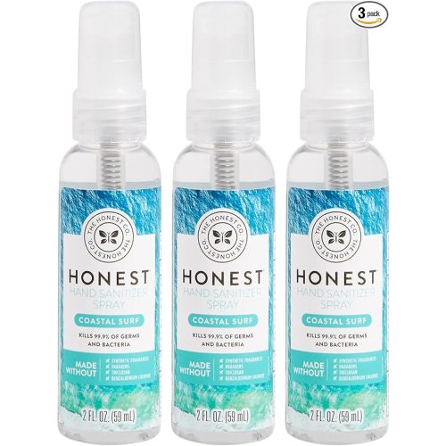 The Honest Company Plant-Based Hand Sanitizer Spray | Kills 99.9% of Germs | Hypoallergenic, Quick-drying + Moisturizing | Coastal Surf, 2 fl oz each (pack of 3)