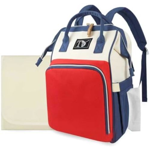 Diaper Bag Backpack for Women - Multifunction Travel Essentials Baby Diaper Bag with Changing Pad, Large Backpack Baby Girl Boy, Insulated Bottle Holders & Stroller Straps (Red+Blue)