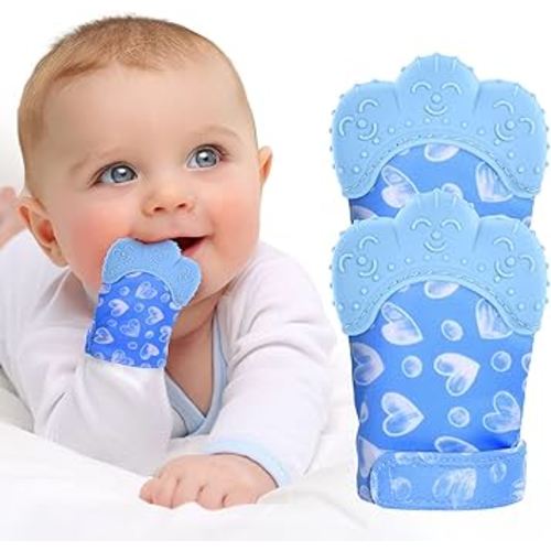 2Pack Silicone Teething Mitt, Soothing Infant Teething Mitten Pain Relief, Prevent Scratches Glove, Safe Silicone Teething Toys for 0-12 Months Blue Heart