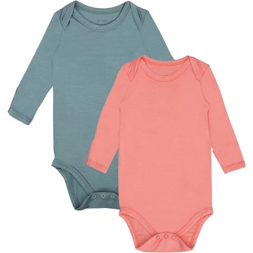 GUISBY Unisex Baby Rayon of Bamboo Snap Bodysuits, Long Sleeve with Mittens Cuffs Bodysuit 2-Packs