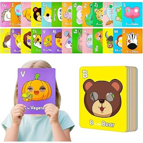 26 PCS Alphabet ABC Flash Cards with Animal Masks, Colorful Alphabet Mask Cards, Giant Letter ABC Animal Faces Flash Learning Flashcards, Interactive Education Games, Learn Letters
