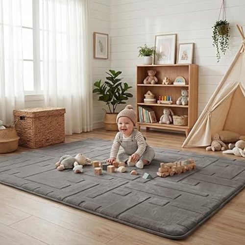Baby Play Mat for Floor, 1.3" Thick 59x79 Plush Soft Foam Mats for Toddler Kids Crawling, Non-Slip Easy Care Nursery Rug for Playroom Living Room (Light Grey)