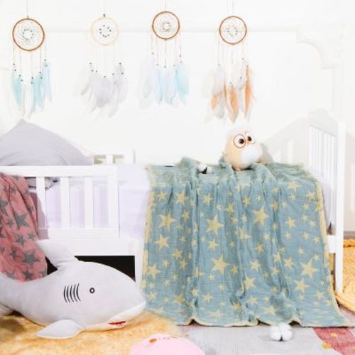 3 Layer Muslin Cotton Toddler Blanket, Super Soft and Warm Crib Blanket, 45x60 Inches, Blue-Yellow Star - NTBAY