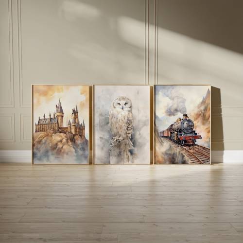 Wizard Nursery Wall Art, Owl, Castle Train Art, Fantasy Nursery Print, Magical Baby Room Decor, Whimsical Kids Room Art, New Baby Gift Print