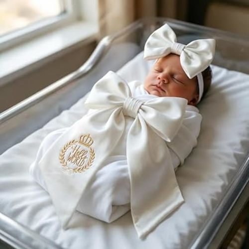 Ylsteed Newborn Receiving Blanket Headband Set， Baby Swaddle Bow Swaddle Wrap， Baby Swaddle Blankets for Newborns with Hat， Swaddling Wrap 32 x 32 inches Soft and Skin-Friendly (White)