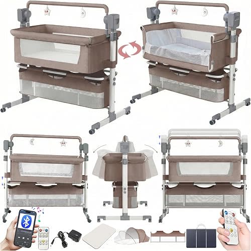 Reenborn Electric Bluetooth Smart Bassinet for Co-Sleeping, Convertible Baby Bedside Crib Sleeper, Foldable Bedside Cot, Toddler Cradle with 5 Swaying Gears and Remote Control (601 Khaki)