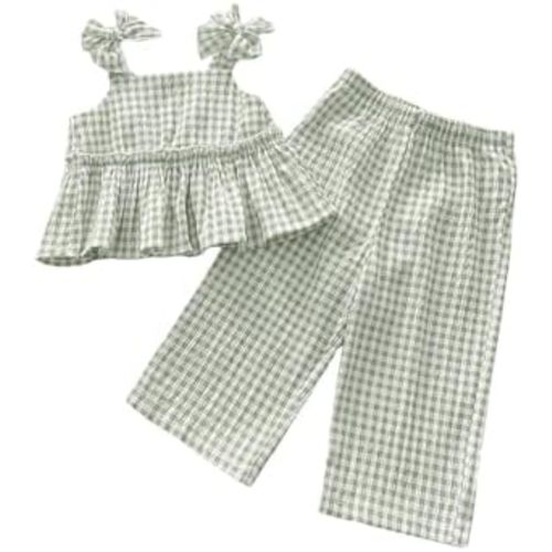 SHENHE Toddler Girl's Summer Outfits 2 Piece Cute Gingham Bow Ruffle Peplum Tank Top and Pants Set