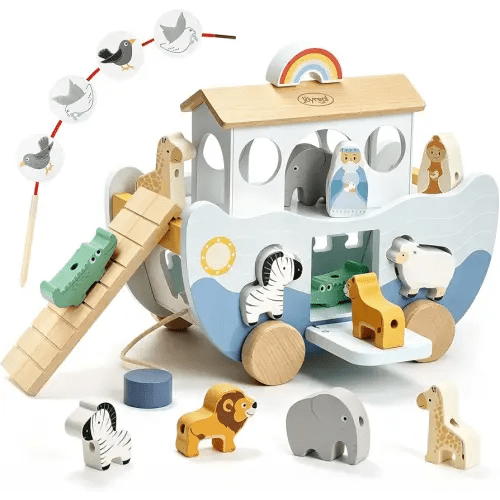 Joyreal Wooden Noah's Ark Toy for 1 Year Old Baby Boy and Girl Baptism Gift