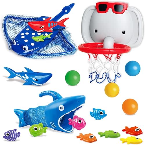 Bath Toys for Kids Ages 1-3,18PCS Baby Bathtub Toys Pool Outdoor Beach Games,No Holes Basketball Hoop with 4 Balls and Shark Fishing Net, Birthday Gift for Toddler Girls Boys1 2 3 4 5 Year Old Toy