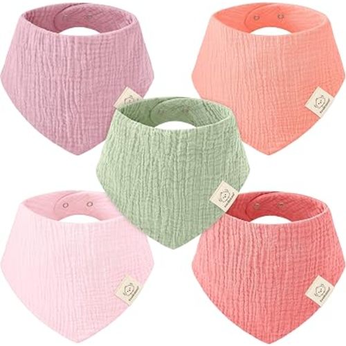 KeaBabies 5pk Muslin Bandana Baby Bibs for Drooling Teething (Muted Pastel)