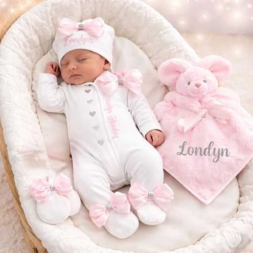 Newborn baby girl boy a FULL SET hat headband sleepsuit  mitts. Personalised ADD a pink blue bunny rabbit add a blanket Or keepsake suitcase