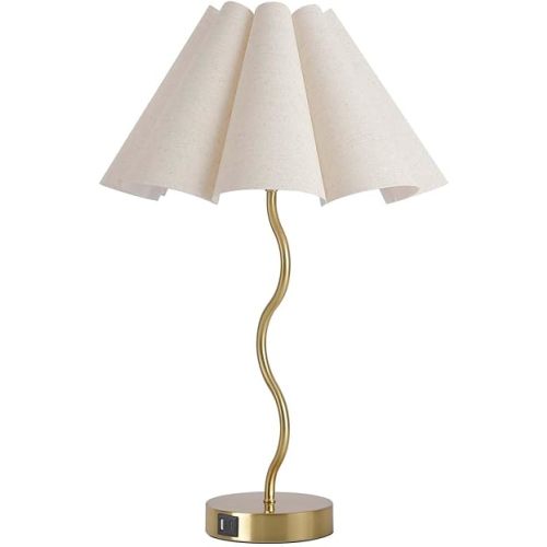 Touch Control Table Lamp with USB Ports, 27” Tall Gold Bedside Lamp with 3-Way Dimmable E26 Bulb, Fabric Shade & Curved Metal Stem, Modern Nightstand Lamp for Bedroom, Living Room, Office