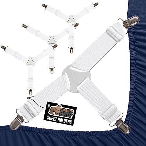 GORILLA GRIP Patent Pending Bed Sheet Holders, Adjustable Elastic Fasteners with Metal Clips, Keep in Place Fitted Bedding Straps, Firm Tight Suspenders for Mattress, US Designed, 4 Pack White