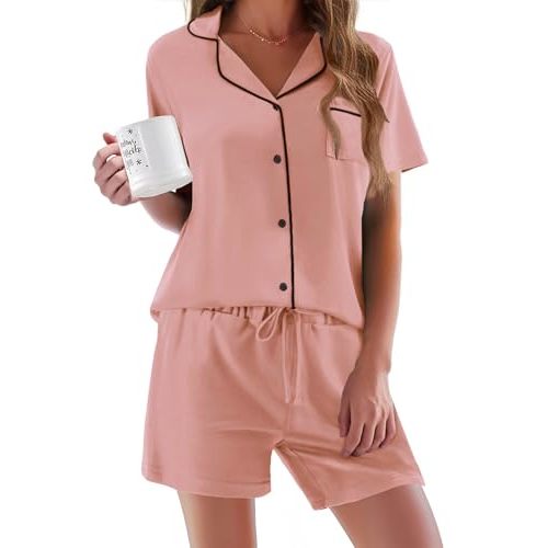 Ekouaer Pajamas Set for Women Short Sleeve Sleepwear Button Down Pjs Soft 2 Piece Lounge Sets XS-XXXL