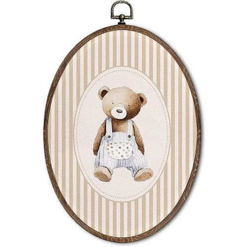 FLAWAFLOMA Vintage Bear Nursery Oval Wall Art Decor, Kids Room Canvas Wall Art Framed, Retro Bear Hanging Decorations for Nursery Bedroom Kids Toddler Boy Girl Room Decor, 8.6x11.4 Inch