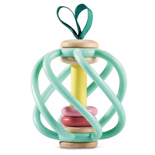 Hape Apple Grab Toy - Silicone & Wood Baby Rattle & Teether – Sensory Development Toy with Gentle Sound, Soft Chewable Rings, Easy Attachment for Crib & Stroller – for Babies 0-18 Months