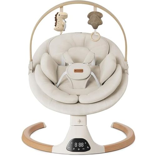 Baby Swings for Infants, Monamii Baby Swing, Bluetooth Infant Swing with Music Speaker, 5 Speeds and Remote Control, Indoor & Outdoor Use (Beige)