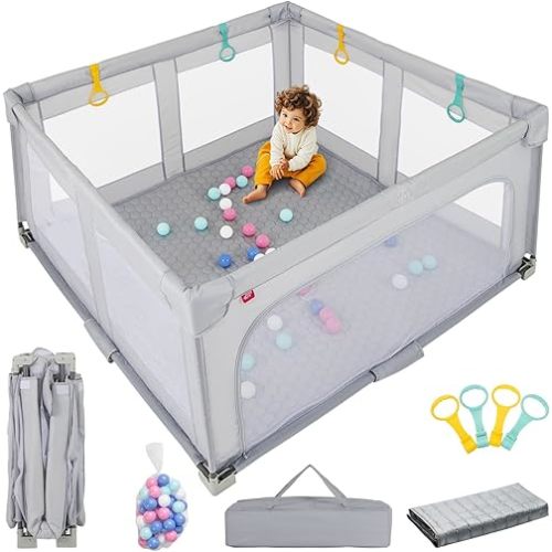 INFANS Foldable Baby Playpen with Mat, 59” x 59” Large Baby Play Yard for Infant with 50 Ocean Balls, 4 Handlers, Carry Bag, Indoor Outdoor Fence Toddler Activity Center (Gray, 59” x 59”)