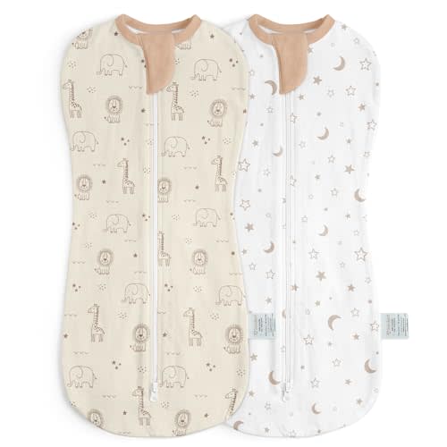 Baby Swaddle 0-2 Months, Cotton Arm-In Zipper Sleep Sack, Wearable Blankets Wrap for Newborn Infant Girls and Boys (Woodland Animal, Star Moon, Pack of 2)