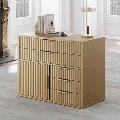 Fluted File Cabinet with 5 Drawers, Large Storage with Cabinet Door, Mobile Filing Cabinet with Locable Wheels for Home Office, Light Walnut
