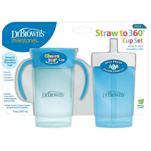 Dr. Brown's Milestones Straw to 360 Convertible Training Cups, Ocean Blue, 2-Pack