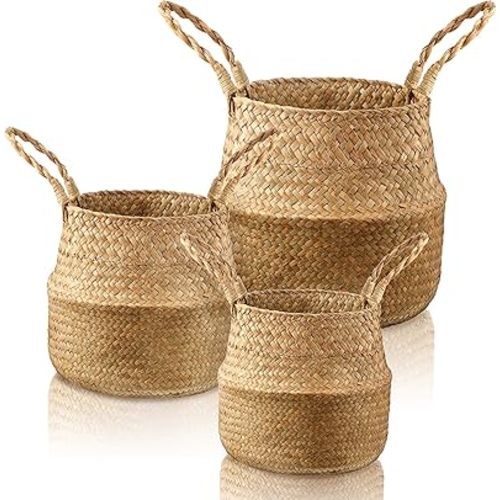 Patelai 3 Set Seagrass Belly Storage Basket Woven Plant Pot Holder with Handles for Plants Picnic Grocery Laundry(Natural Color)