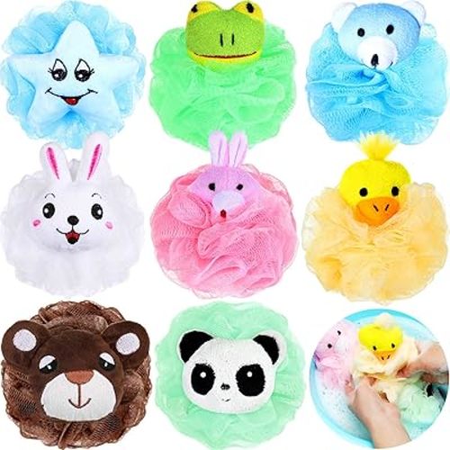 Boao 8 Pieces Kids Bath Loofahs Animal Cartoon Shower Bath Sponge for Toddler Cute Pouf Mesh Body Loofah Sponge Puffcolorful Body Scrubber Shower Balls for Baby Boys Girls Adults Washing Exfoliating
