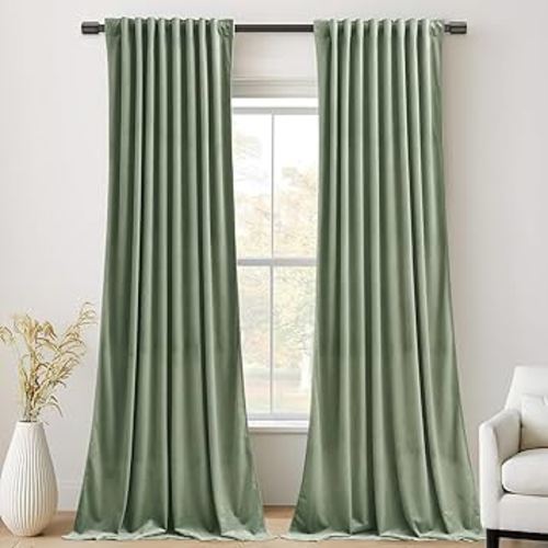 StangH Retro Green Velvet Curtains 96 Inches Length, Room Darkening Velvet Drapes for Bedroom Living Room, Thermal Insulated Window Treatment, 52 x 96 Inch, 2 Panels