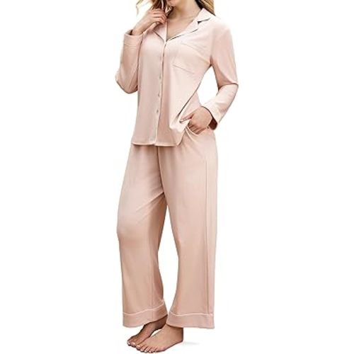 Momcozy Postpartum Nursing Pajama Set for Women 2 Piece, Long Sleeve V Neck Button Down Cotton Maternity Lounge Pjs Pink