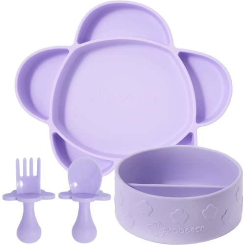 Grabease 4-Piece Stay-Put Table Set for Babies & Toddlers 6 Months & up: Silicone Section Plate & Divided Bowl with Self-Feeding Spoon & Fork; BPA-Free, Lavender