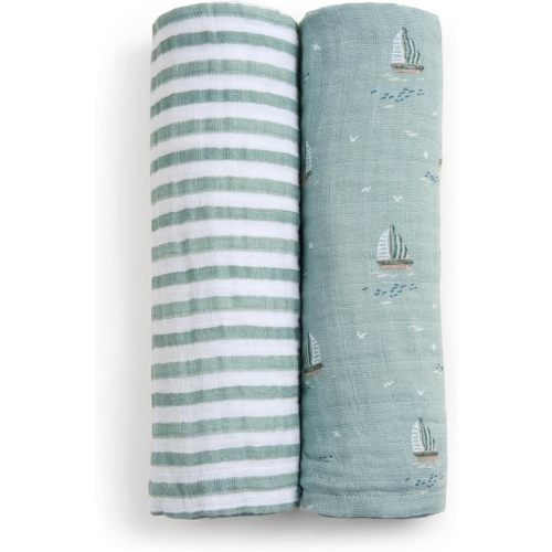 aden + anais Boutique Organic Cotton Muslin Swaddle 2 Pack, Breathable Baby Receiving Blanket, Soft and Lightweight Wrap, Diaper Bag Must Have, Sailing Seas