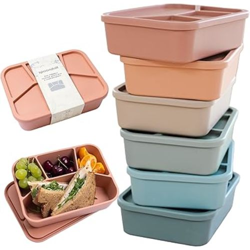 Spoondrift 100% Food Grade Eco-Friendly Leak-Proof Silicone Bento Box Lunchbox, Microwave Safe | For Child And Adult, 4 Compartment, Choose from 6 Colors, Includes 1 Box (Terracotta)