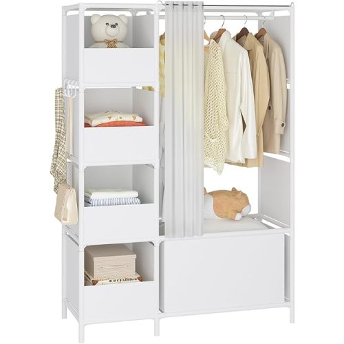 MOYIPIN Portable Closet,Free Standing Wardrobe Closet with Hanging Rod and Curtain,Clothes Storage Organizer, for Cloakroom, Bedroom,40.55 x 16.73 x 65.35Inches,White